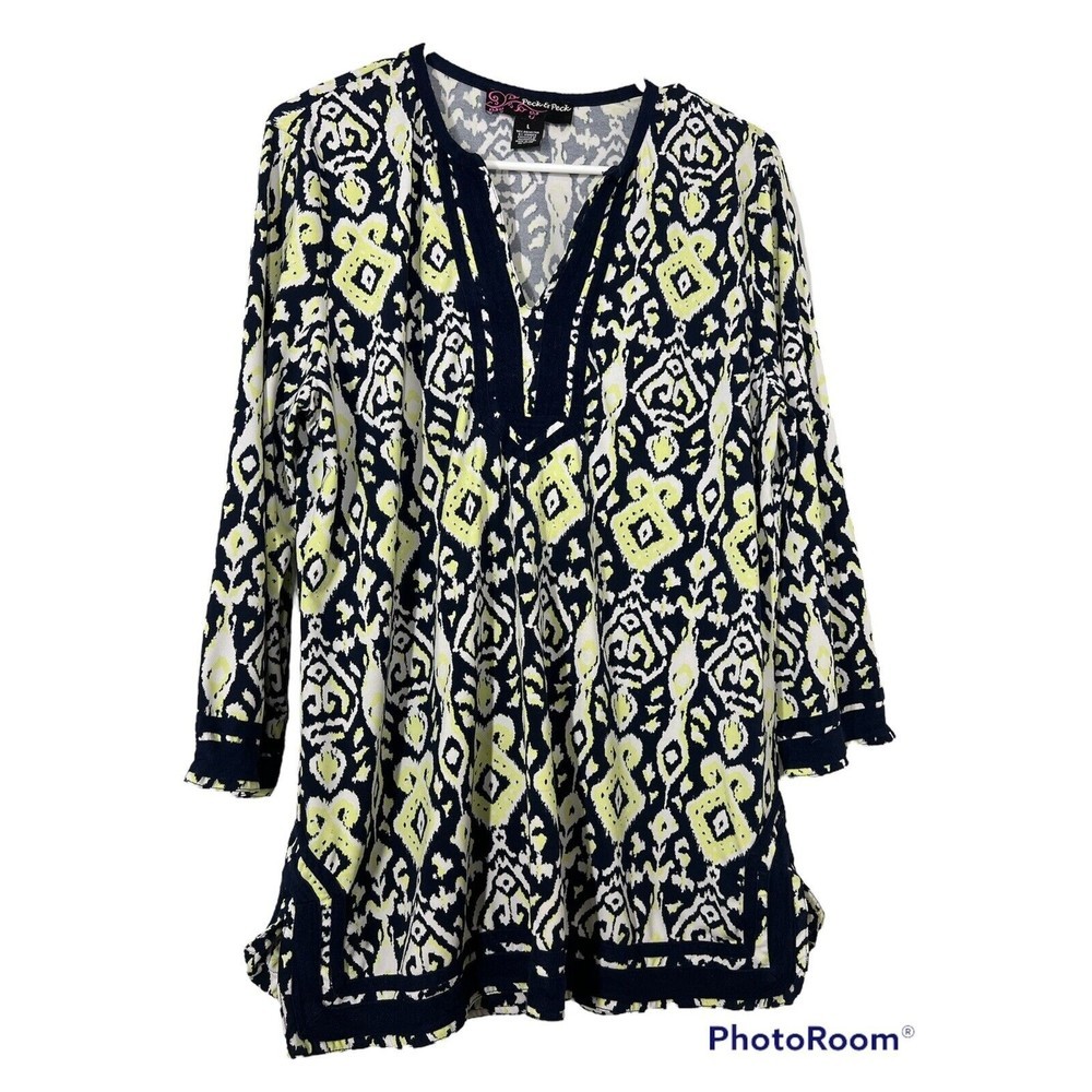 PECK & PECK Woman's L V-Neck Trimmed Tunic Blouse Top Shirt